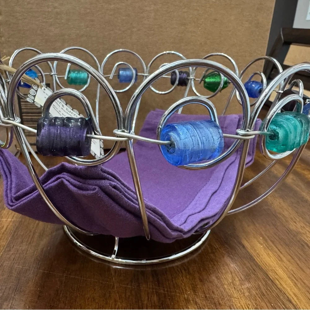 Decorative Metal Wire Fruit Bowl/basket with Colorful Beads 9”